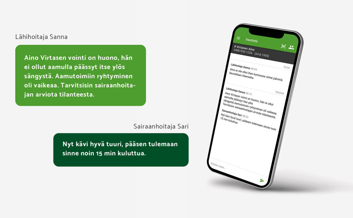 Medanetsin viestintäratkaisua voidaan käyttää myös kotihoidossa. Kuvassa kuvitteellisia esimerkkiviestejä älypuhelimen ruudulla. 
